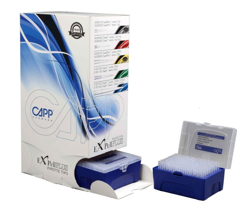 Puntas de pipeta CAPP Expell de 200 µL, estériles con filtro, en racks con bisagras, 5x10x96 piezas.
